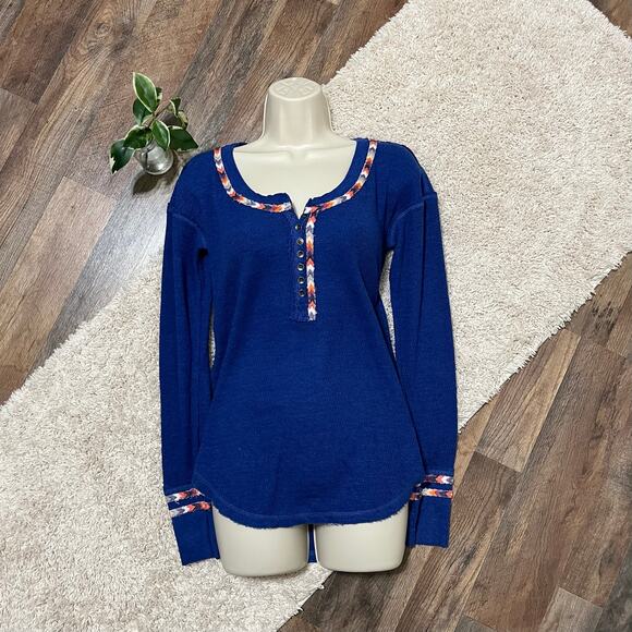 Free People We The Free Size Small Blue Henley Embroidered Rainbow Thermal Top - Picture 2 of 6